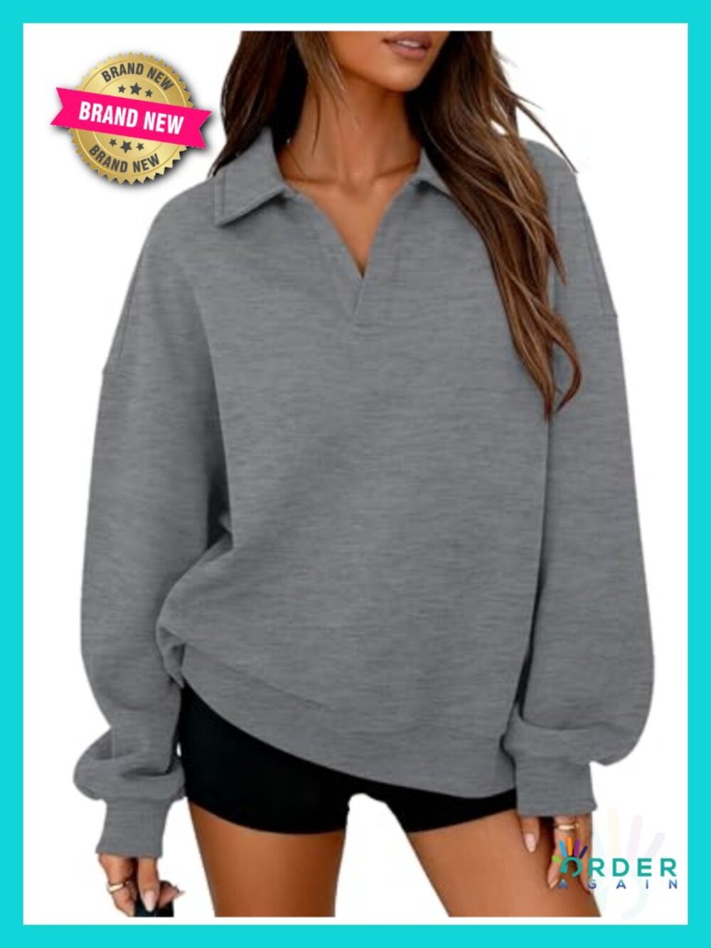 Oversized Polo V Neck Fleece Sweatshirt Cotton Blend